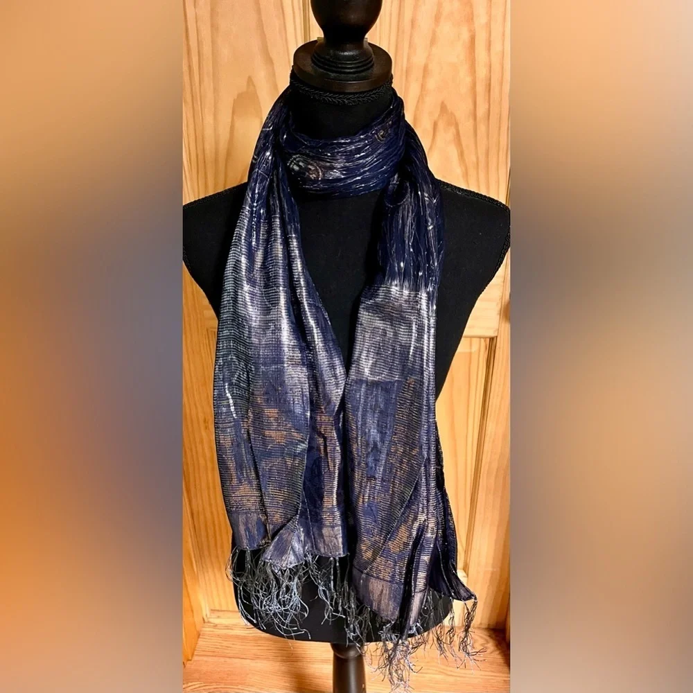 Vintage Navy Blue Silk Metallic Shimmer Scarf Wrap Evening Shawl Fringe Holiday